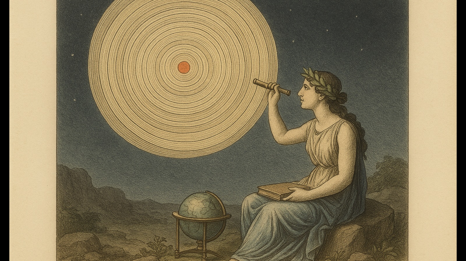 Hand-tinted engraving of a seated muse in a laurel wreath, a closed book on her knee, raising a small telescope toward an enormous disc of concentric cream rings with a single ember-red center, under a charcoal-slate night sky beside a globe on a tripod.