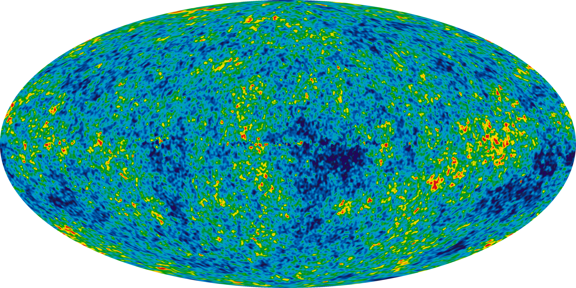 Oval all-sky map speckled with fine red, yellow, green and blue mottling on a turquoise ground — the temperature fluctuations of the cosmic microwave background across the whole sky.