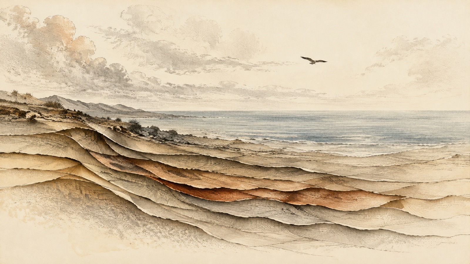 A hand-tinted engraving of a bird above a quiet sea, with the shoreline opening into layers like the leaves of an old book.