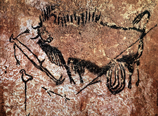 A small photograph of a cave painting in black on ochre rock: a bison with its entrails hanging beneath it, a stick-figure man with a bird-like head falling backwards, a bird on a post, and a spear.