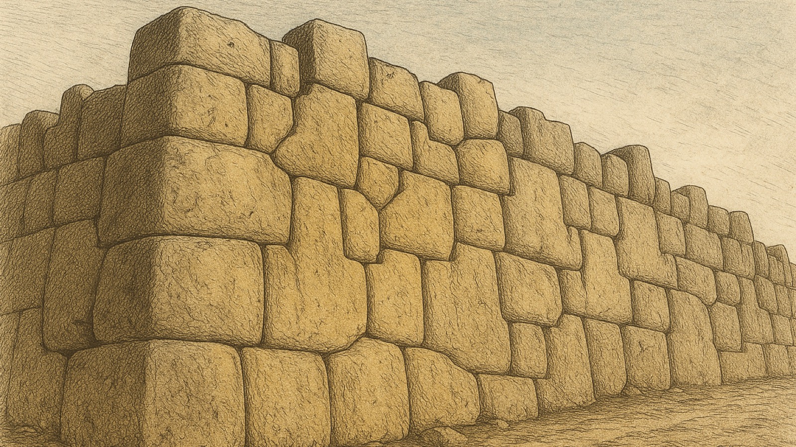 Hand-tinted engraving of a monumental polygonal megalithic wall of interlocking many-angled stones in ochre and raw sienna, beneath a pale grey-blue sky.