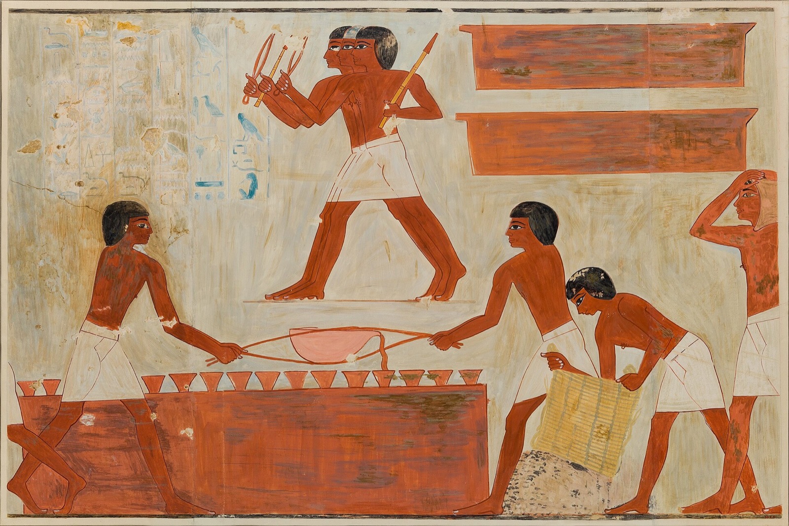Facsimile painting of the Tomb of Rekhmire mural: workers with poles tend rows of crucibles over a large casting floor.