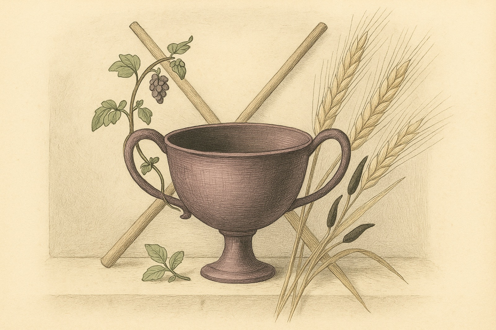 Hand-tinted engraving of a two-handled ancient Greek cup on a stone ledge, its interior dark, with barley ears bearing dark hornlike sclerotia leaning beside it, a grapevine climbing one handle, a mint sprig at its foot, and two crossed unlit torches behind.