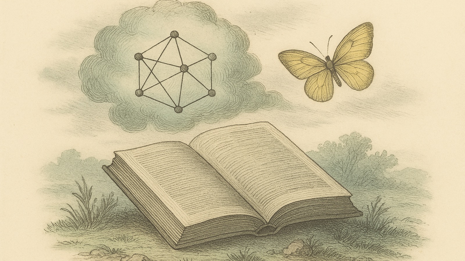 Hand-tinted engraving in verdigris tones of an open book lying in a meadow beneath a cloud that holds a diagram of linked nodes, while a pale sulfur-yellow butterfly flies free above.
