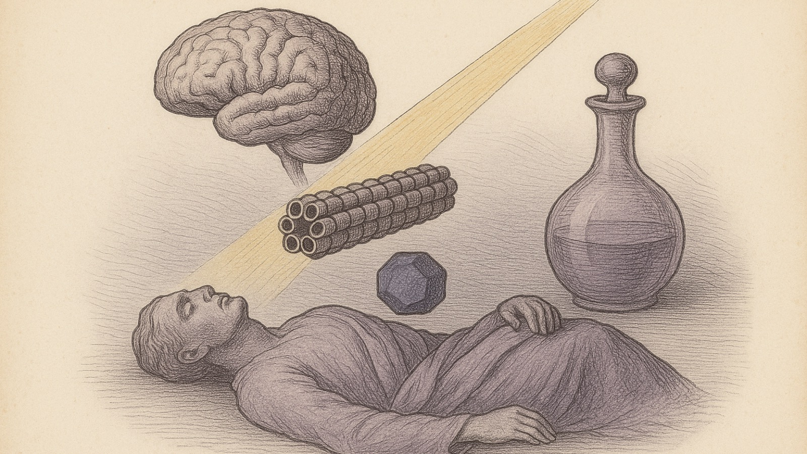 Hand-tinted engraving in muted violet-grey: a robed figure sleeps while an antique-gold shaft of light falls from a brain and a microtubule lattice above, with a faceted polyhedron and a stoppered flask nearby.