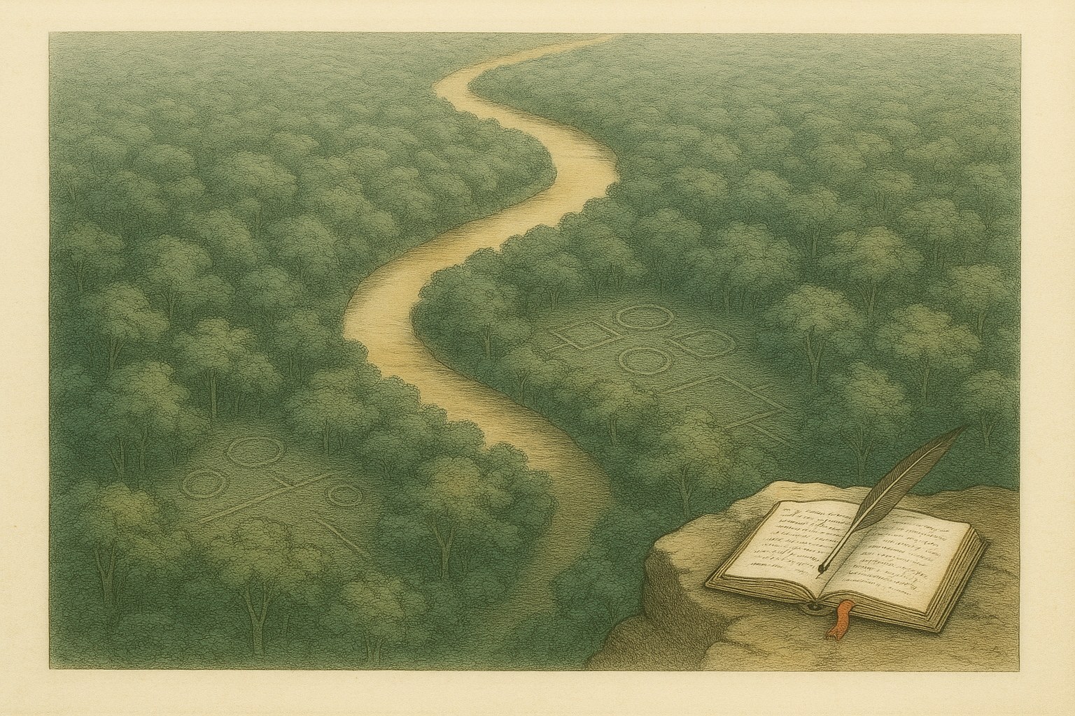 Hand-tinted engraving of a pale gold river winding through dense green forest canopy seen from above, faint circular and square enclosure lines showing through the foliage on both banks, and a small open handwritten chronicle with a quill resting on a rock ledge in the lower corner.