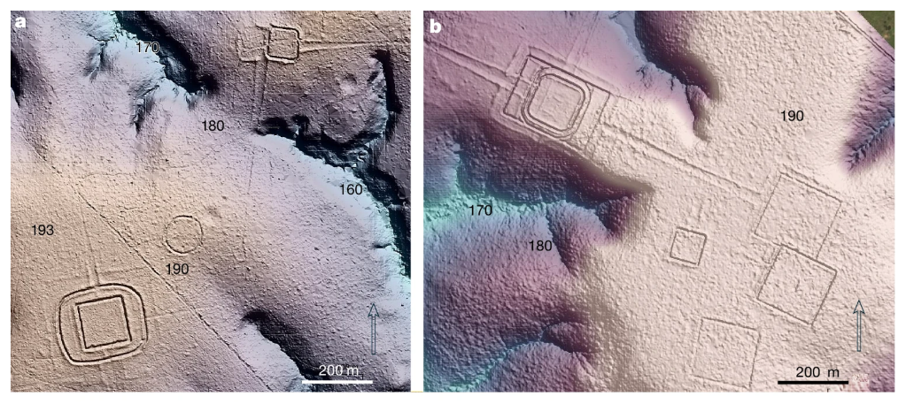 Six LiDAR-derived terrain panels showing precolonial earthwork types in southwestern Amazonia — ditched geometric enclosures, embanked quadrilaterals, and mound structures — each rendered as shaded relief with its topographic context.