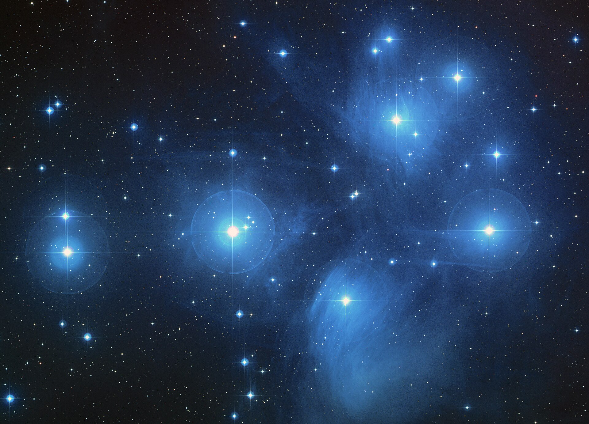 Wide-field sky-survey image of the Pleiades star cluster: hundreds of point-like stars with four bright members wreathed in blue reflection nebulosity.