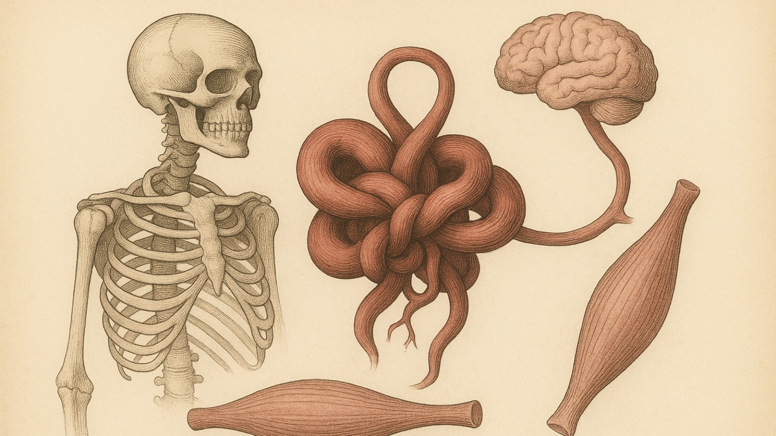 Hand-tinted anatomical-plate engraving in madder red and oxblood: a skeleton beside a tightly knotted vessel that connects by a slender tube to a brain, with two smooth-muscle spindles laid below.