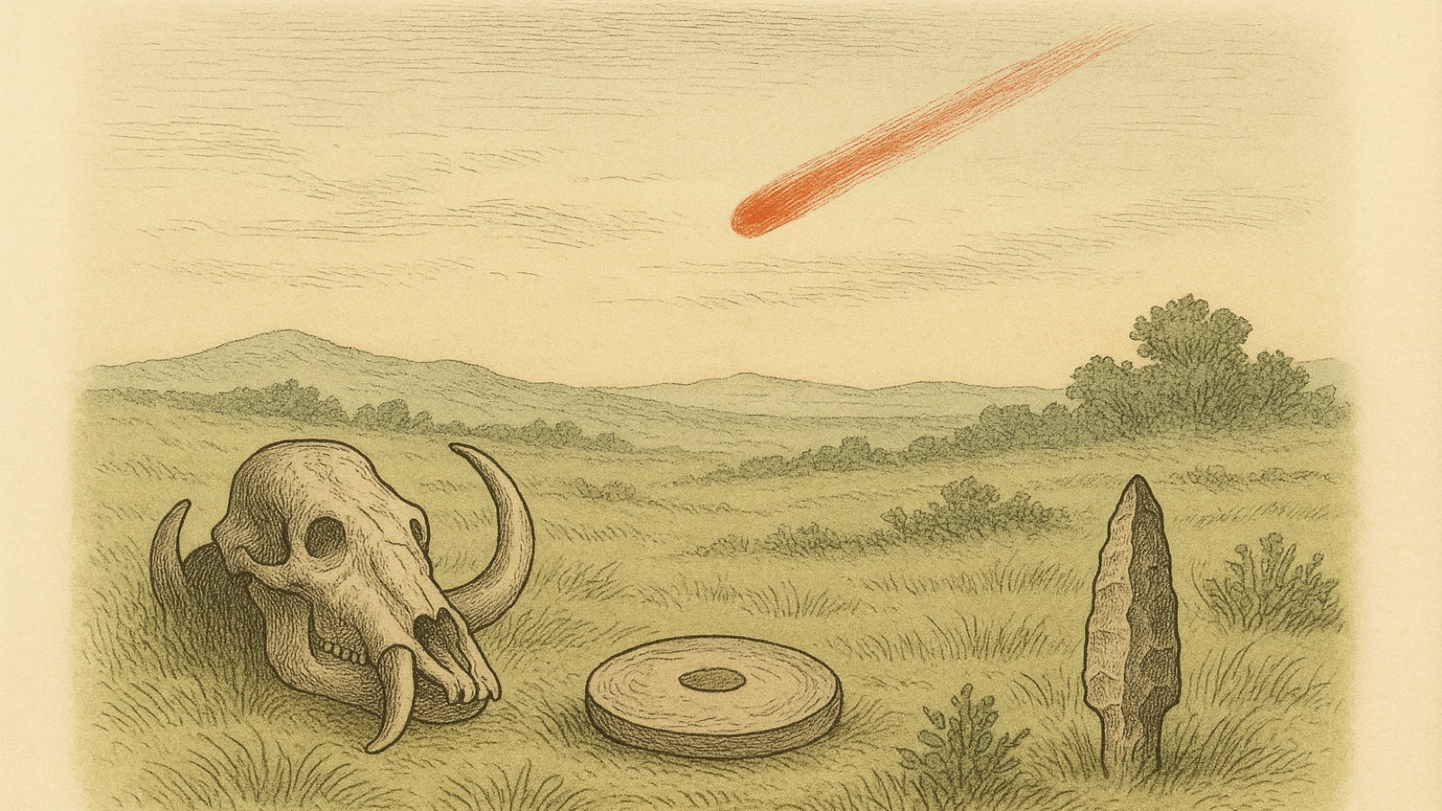 Hand-tinted engraving of a sage-green plain holding a tusked animal skull, a stone mortar, and an upright fluted point, while a faded vermilion comet streaks down a buff sky above distant hills.