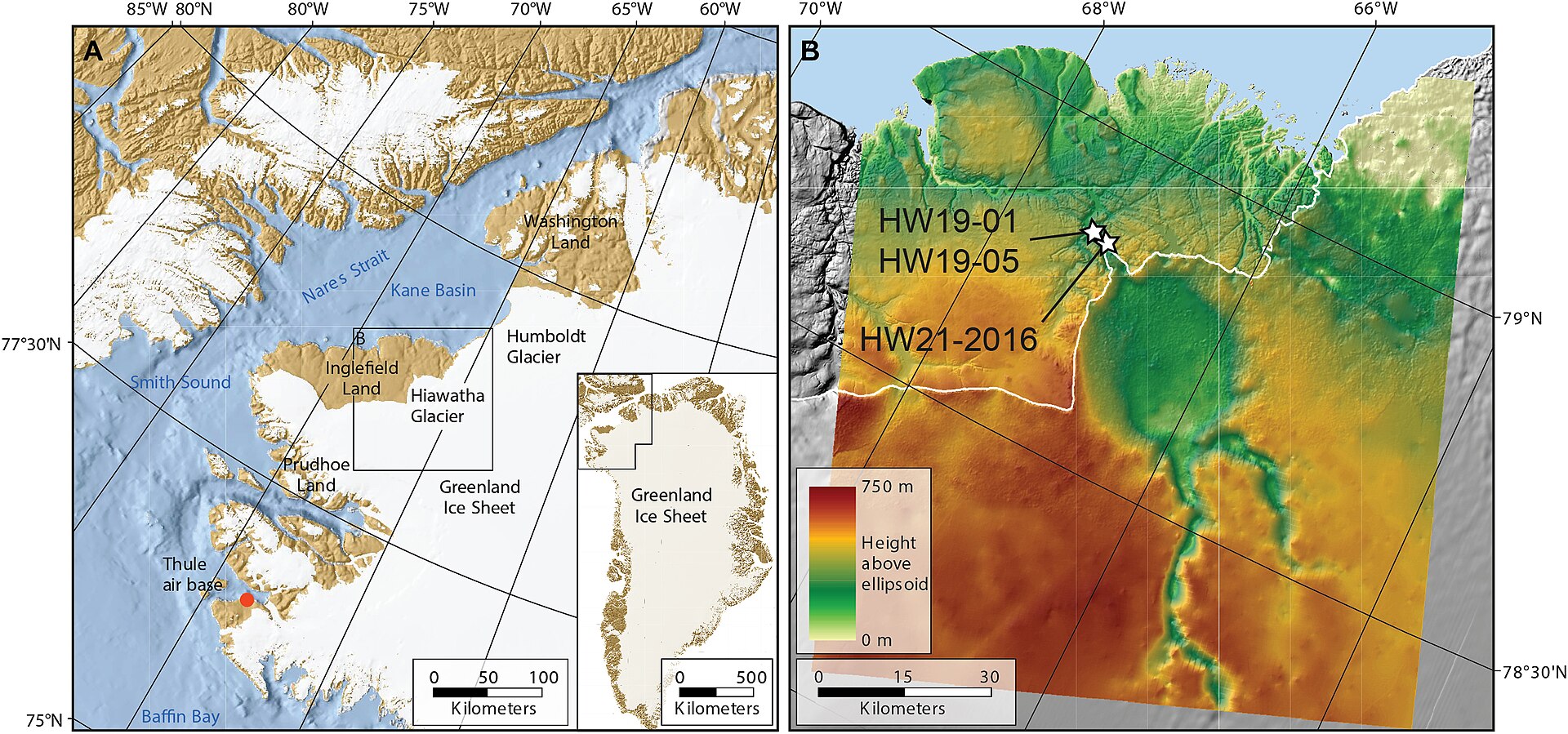 Two-panel scientific map: a regional map of northwest Greenland locating Hiawatha Glacier, and a color elevation model of the ice-buried circular depression with three glaciofluvial sample sites marked by stars.