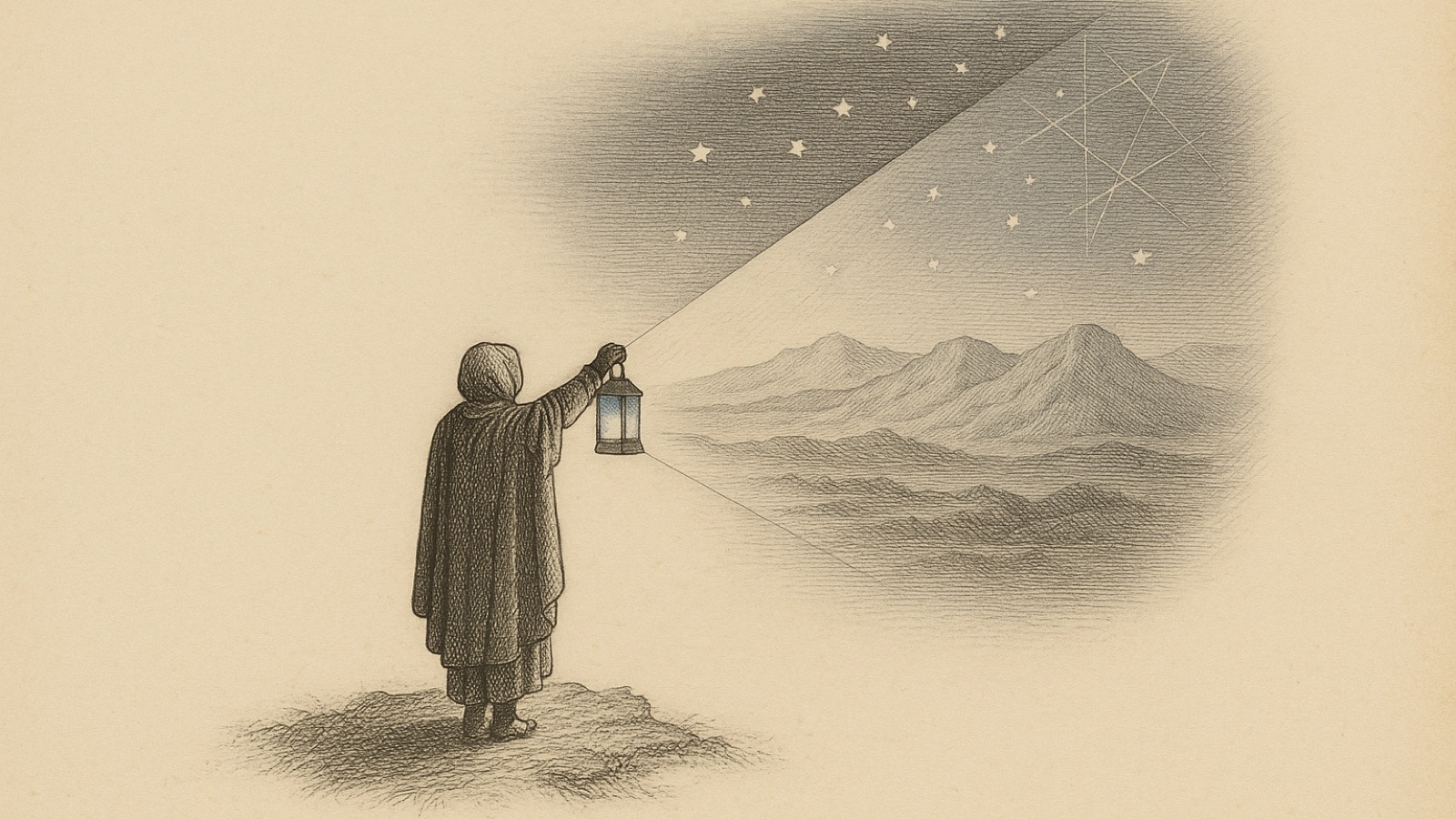 Hand-tinted engraving in graphite greys on bare cream paper: a small cloaked figure seen from behind holds up a lantern with deep-lapis glass, and only inside its widening beam does a world exist — engraved mountains, stars, and a faint geometric lattice condensing out of blank paper.