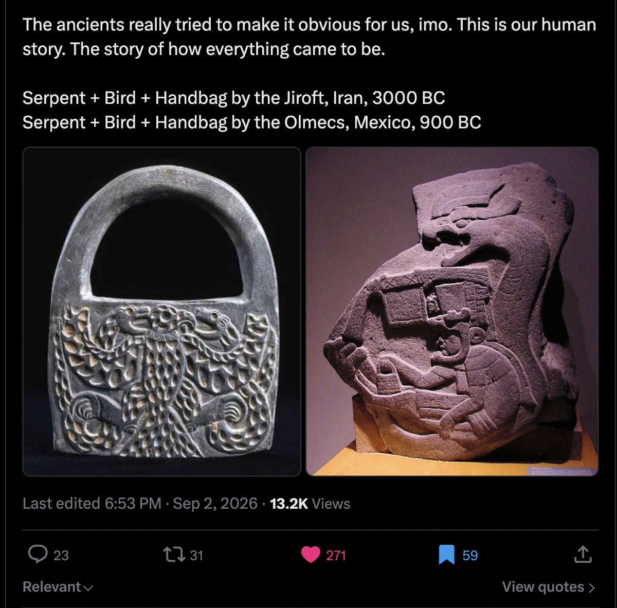 Post pairing a Jiroft handbag with an Olmec relief