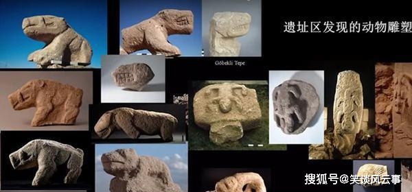Montage of crouched, snarling and downward-facing animal sculptures and reliefs labelled Göbekli Tepe