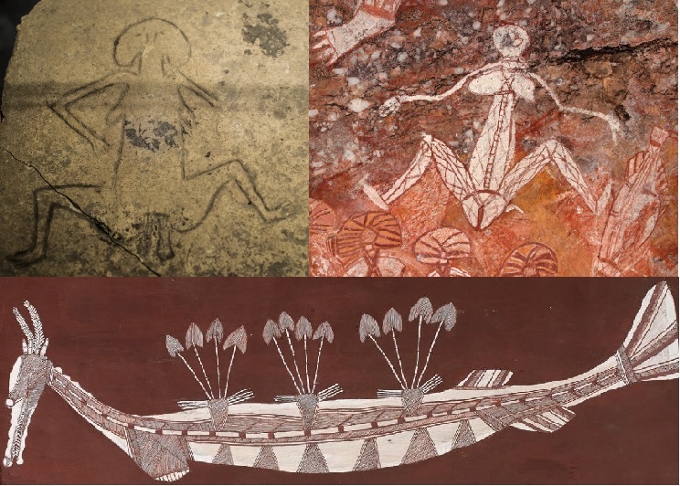 Fenton’s comparison of squatting figures and a Rainbow Serpent painting.