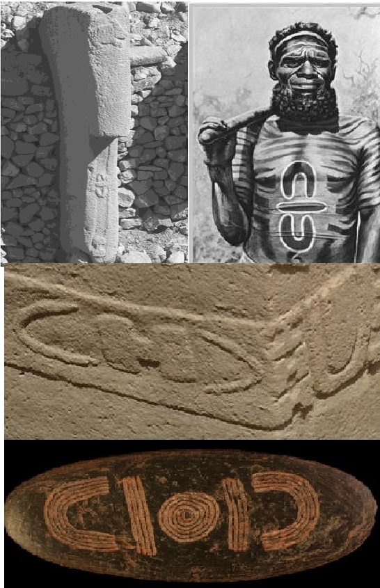 Fenton’s montage of pillar signs, body painting and an incised sacred object.