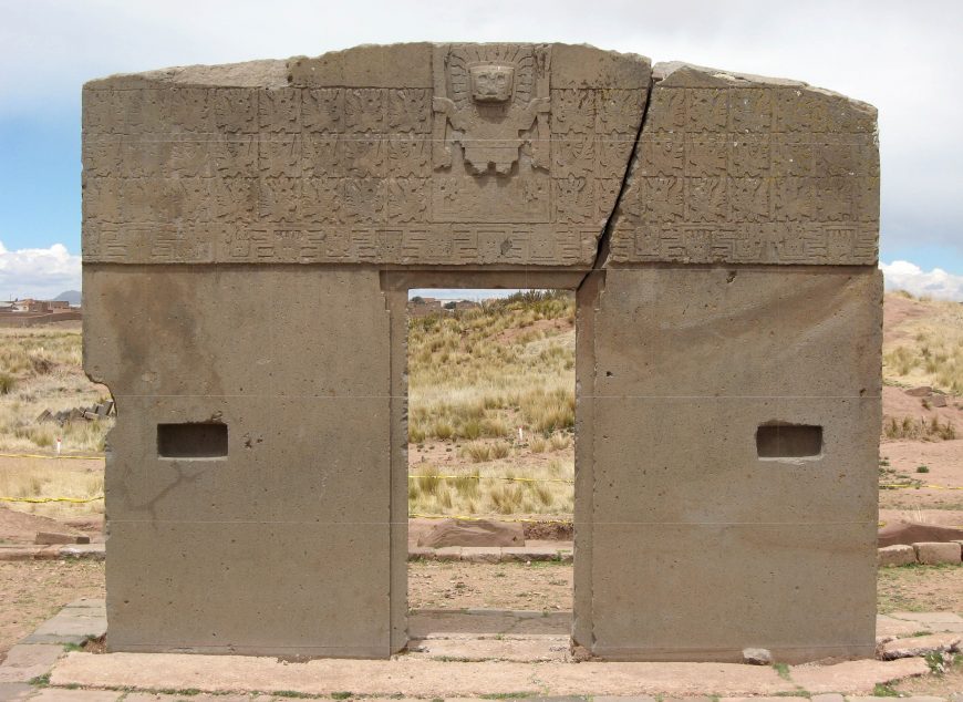 The Gate of the Sun at Tiwanaku: a monolithic gateway whose lintel carries a central figure flanked by rows of small winged attendants