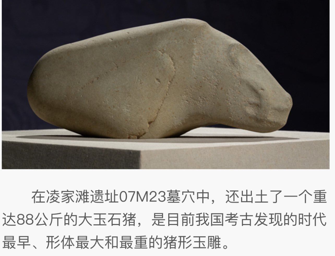Pig-form carving with a Chinese caption identifying Lingjiatan tomb 07M23