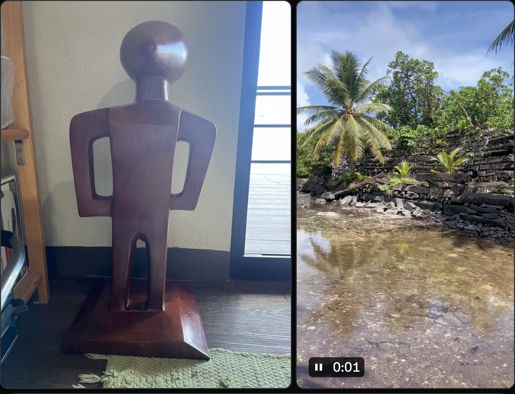 A carved hardwood figure with a round head and arms akimbo, and a still of Nan Madol's basalt walls above a tidal pool