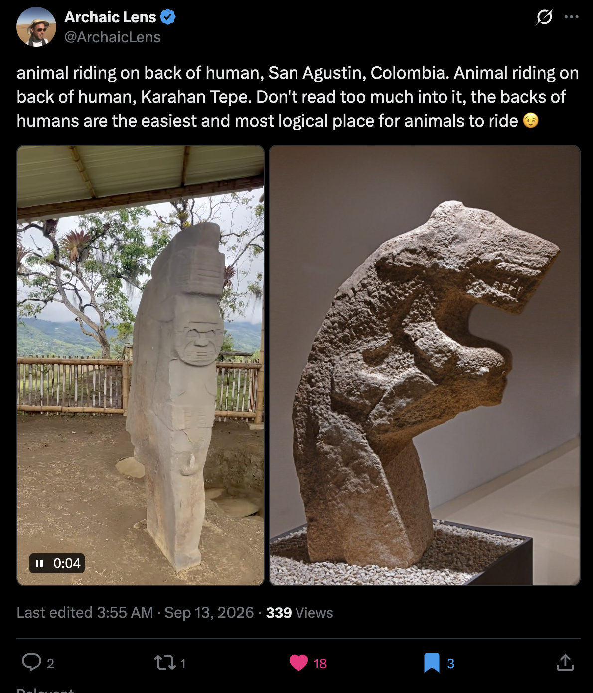 Post comparing animal-on-human-back sculptures attributed to San Agustín and Karahantepe.