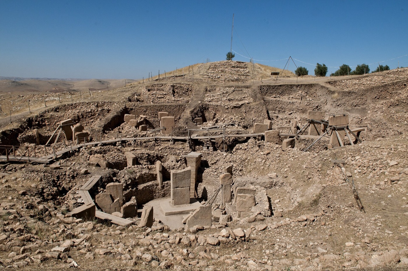 Overview of the main excavation area at Göbekli Tepe, showing stone enclosures with upright T-shaped pillars.
